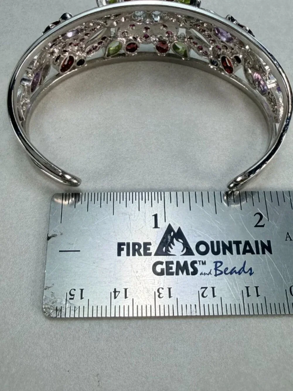 Vintage Rhodium Plated Multi Gemstone Floral Cuff Bracelet Open Bangle Statement